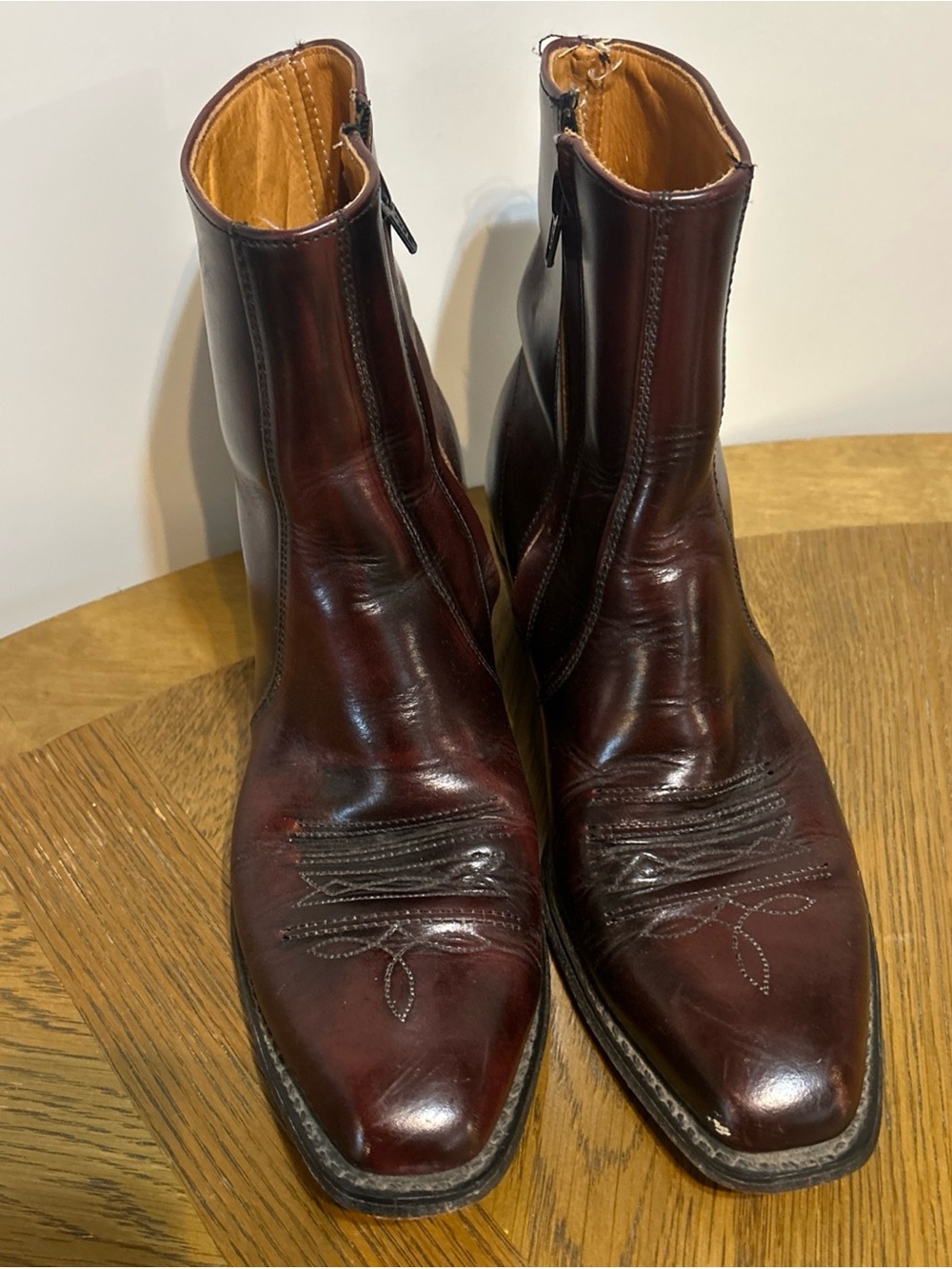 Mens 1970s Sears Rusty Brown Leather Western Side Zip Square Toe Heeled Boot 9.5